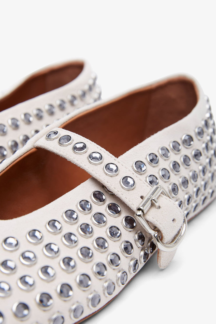 Embellished greige suede ballet flats