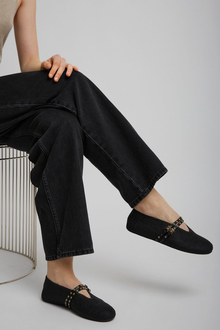 Paper straw black ballet flats