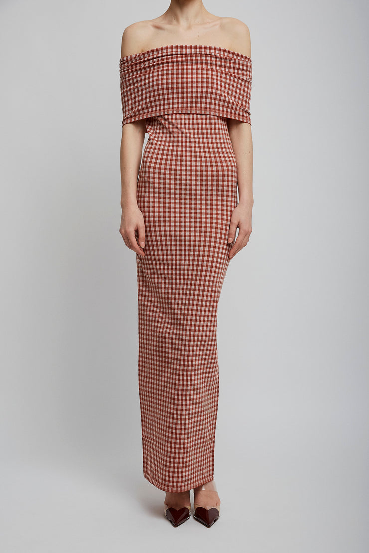 Gingham off-shoulder knit dress