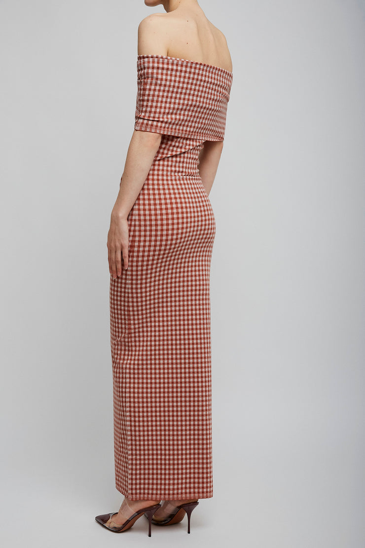 Gingham off-shoulder knit dress
