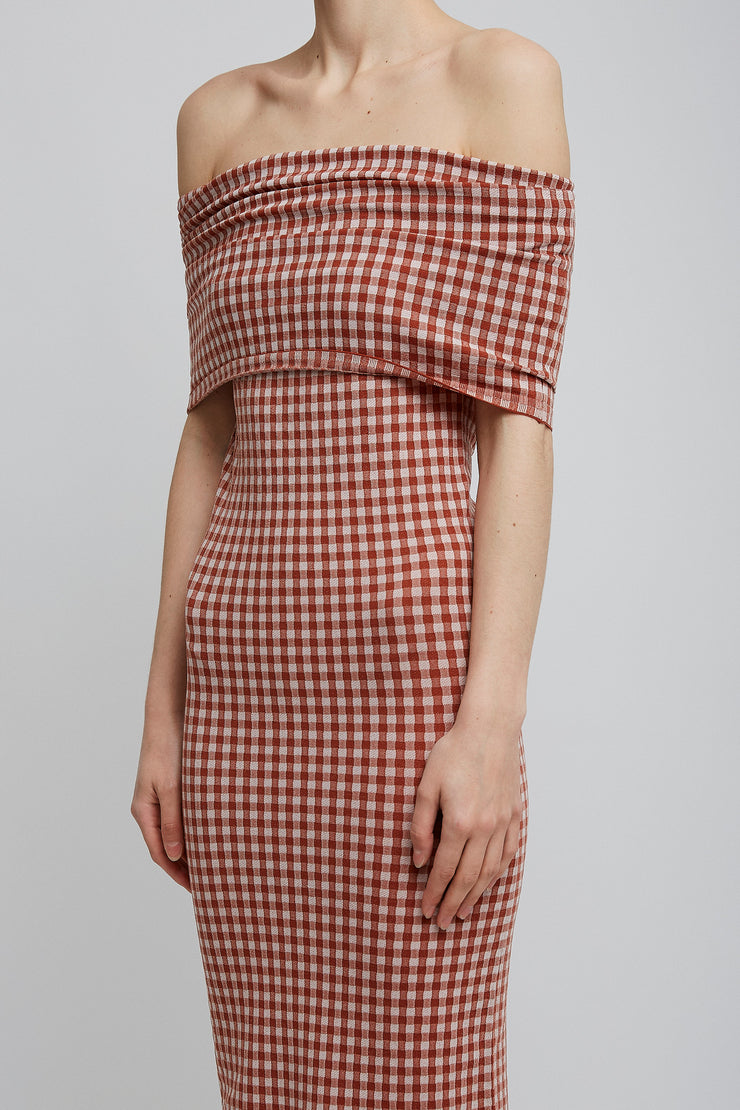 Gingham off-shoulder knit dress