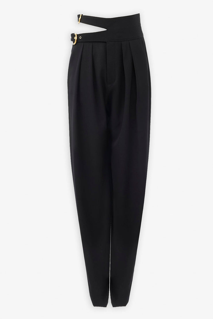 High-waist buckled black trousers