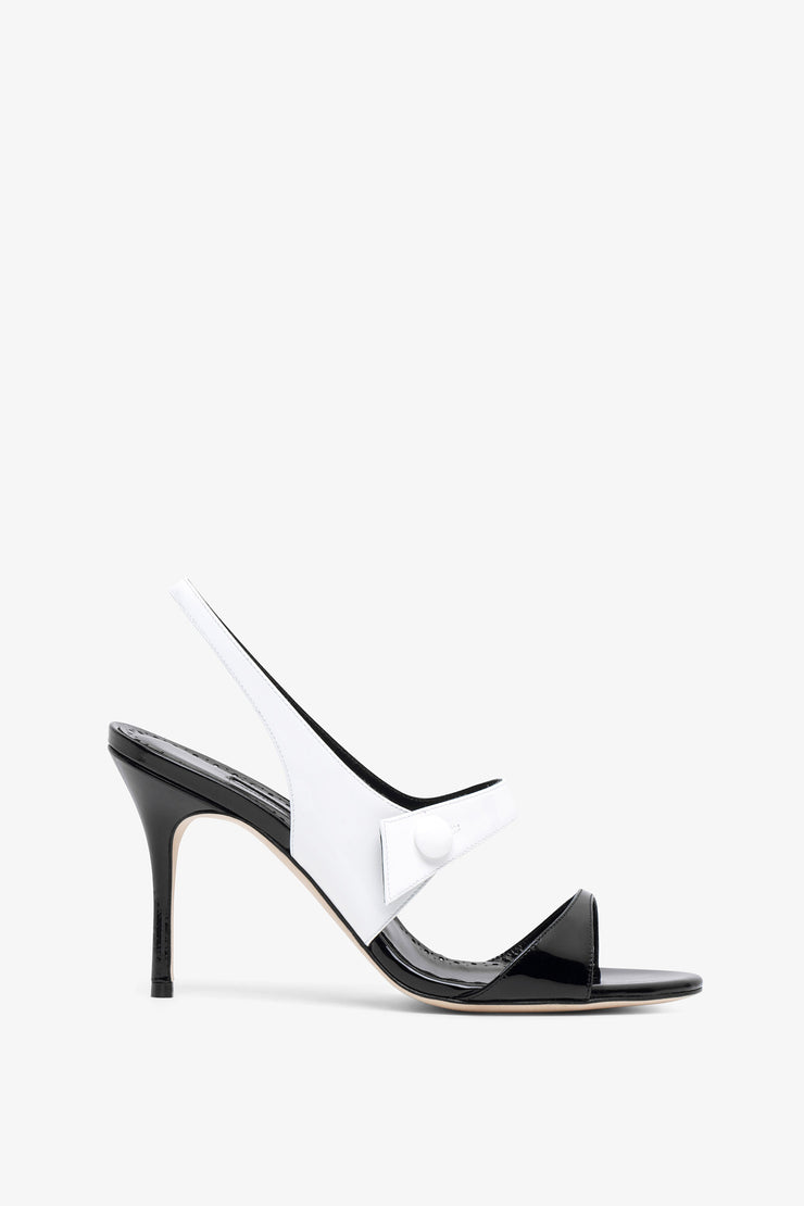 Climnetra 90 black and white patent sandals