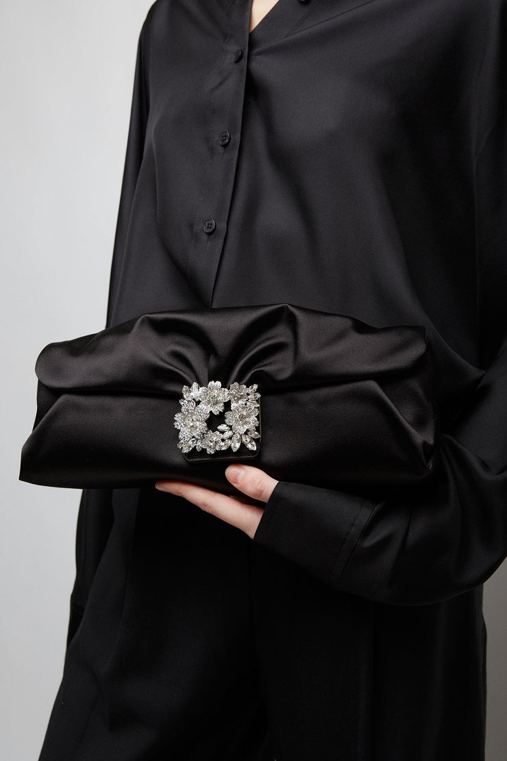 RV black satin clutch