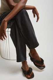 Loly black fur thong flat sandals