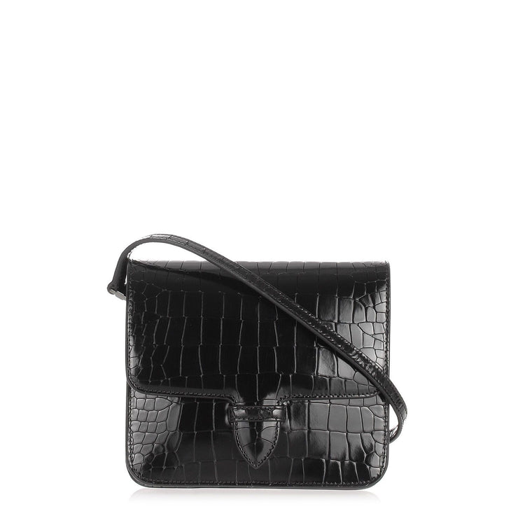 Patent black croc-embossed satchel