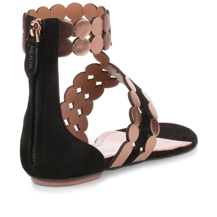 Black suede and metallic leather sandal