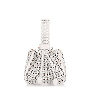 White leather laser-cut bucket bag