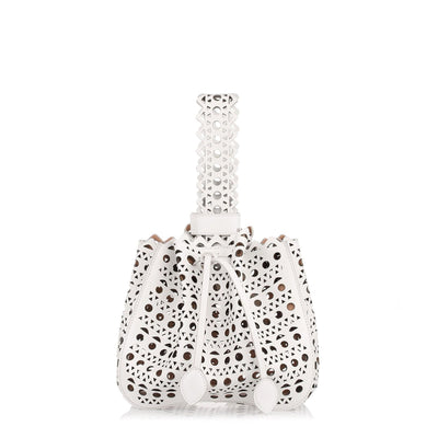 White leather laser-cut bucket bag