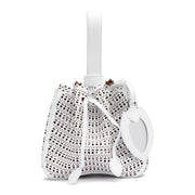 White laser-cut leather bucket bag