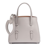 Grey leather mini tote with studded floral strap