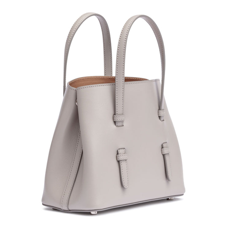 Grey leather mini tote with studded floral strap