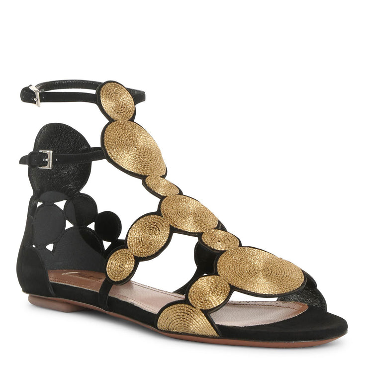 Black suede gold raffia flat sandals