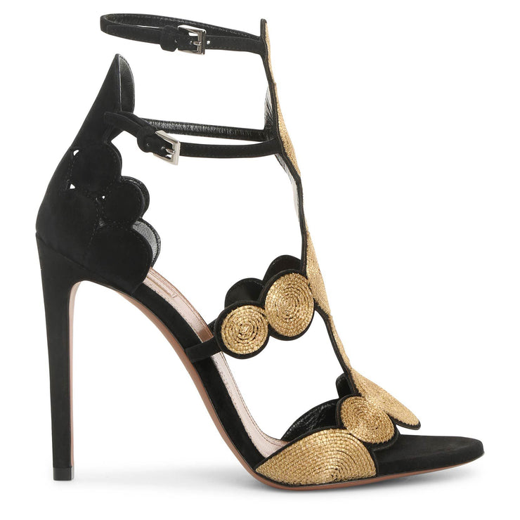 Black suede gold raffia 110 sandals