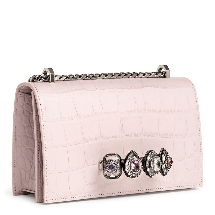 Jewelled pale rose croco satchel