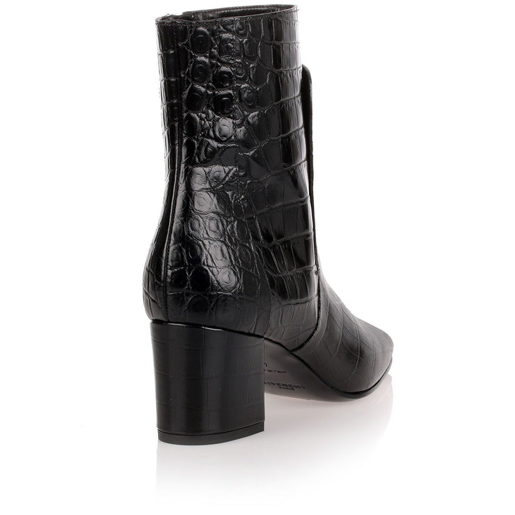 Black croc-embossed ankle boot