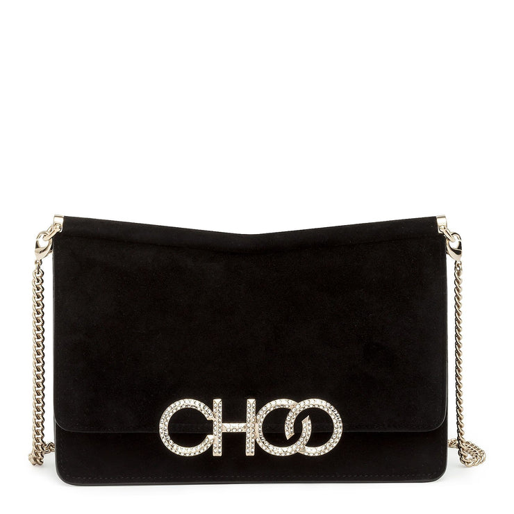 Black suede crystal logo clutch