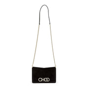 Black suede crystal logo clutch