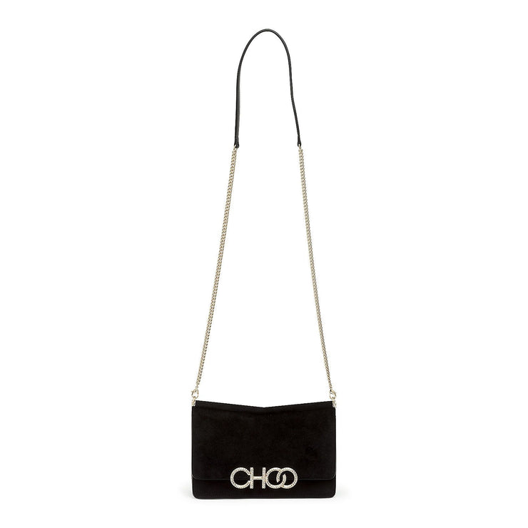 Black suede crystal logo clutch