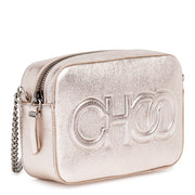 Platinum metallic nappa leather embossed logo camera bag