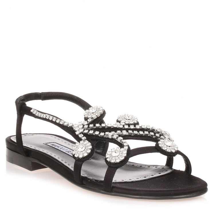 Fernus Flat black satin crystal sandal