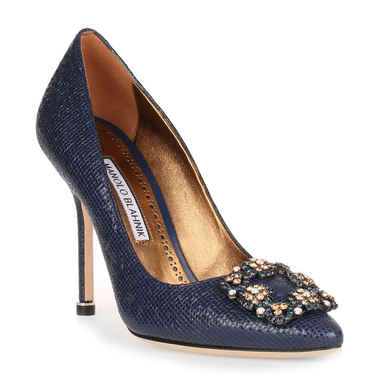 Hangisi 105 blue printed suede, colour buckle pump