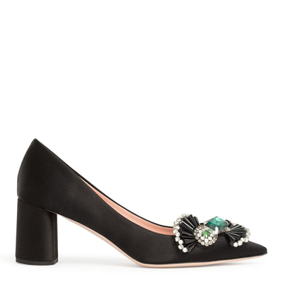 Black satin crystal embellished pumps